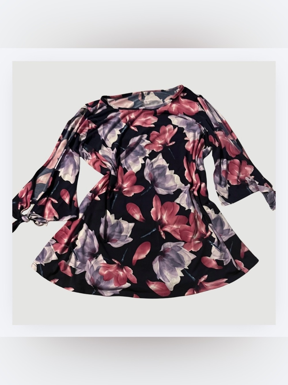 MTS Bold Floral Print Tunic, Open Arm with Wrist Tie Detail, Pink Purple, Sz L